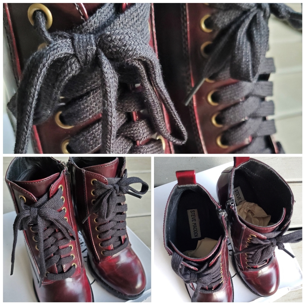 Steve Madden Andie Deep Cherry Burgundy Lace-Up Lug Sole Ankle Booties - Picture 8 of 16